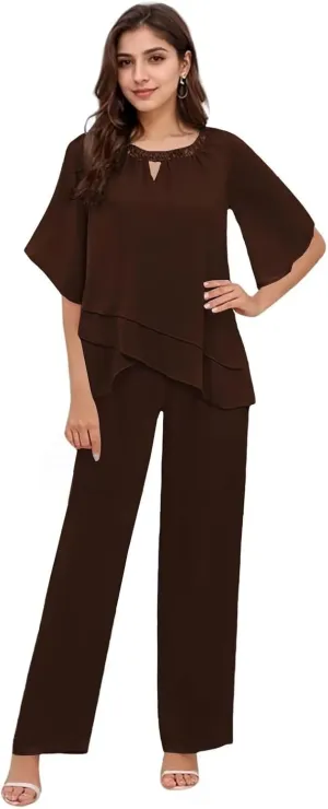 2 Pieces Mother of The Bride Pant Suits for Women Dressy Chiffon Pant Suits for Women Dressy Wedding Guest