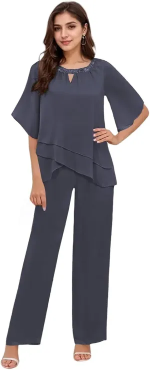 2 Pieces Mother of The Bride Pant Suits for Women Dressy Chiffon Pant Suits for Women Dressy Wedding Guest