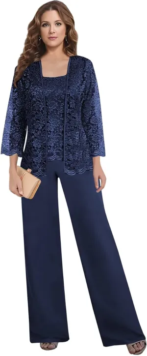 3 PCS Mother of The Bride Pant Suits for Women Dressy Wedding 2025 Chiffon Lace Formal Evening Party Outfits