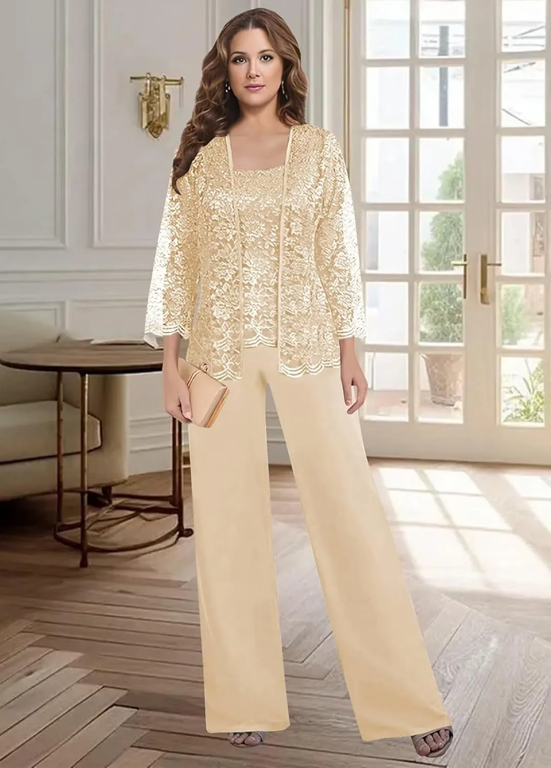 3 PCS Mother of The Bride Pant Suits for Women Dressy Wedding 2025 Chiffon Lace Formal Evening Party Outfits