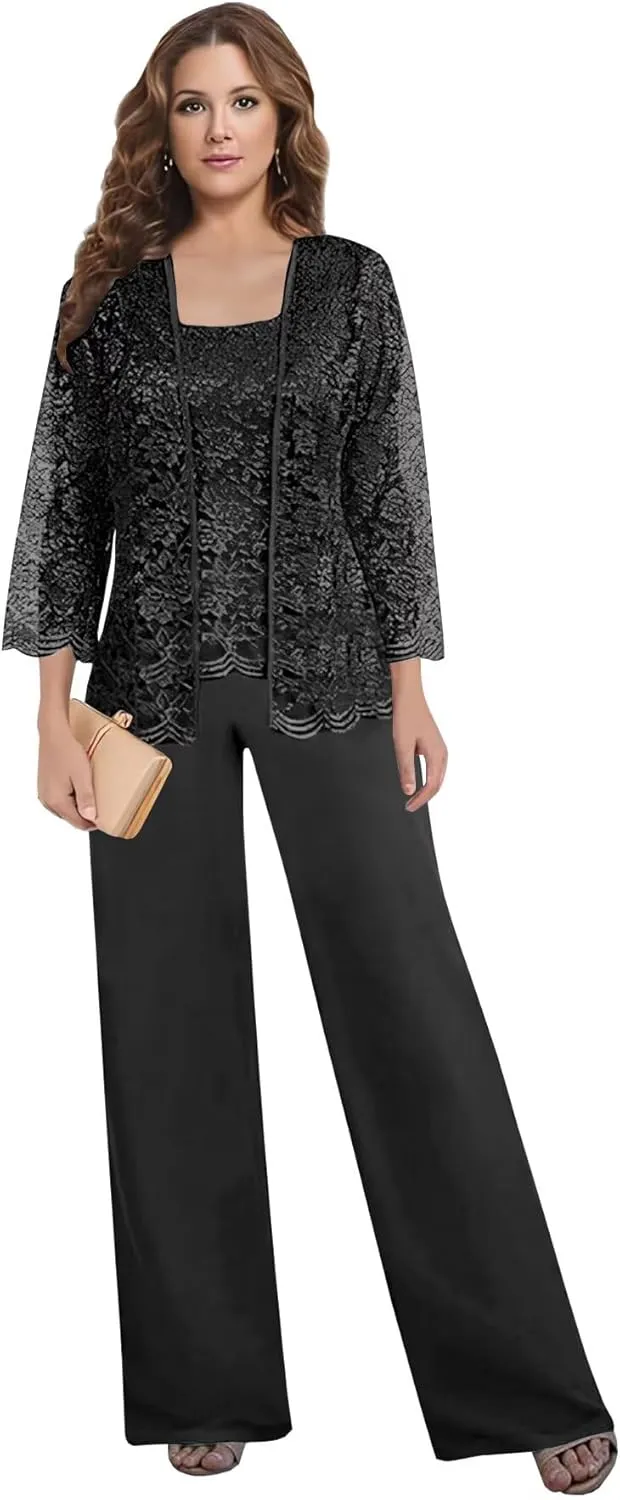 3 PCS Mother of The Bride Pant Suits for Women Dressy Wedding 2025 Chiffon Lace Formal Evening Party Outfits
