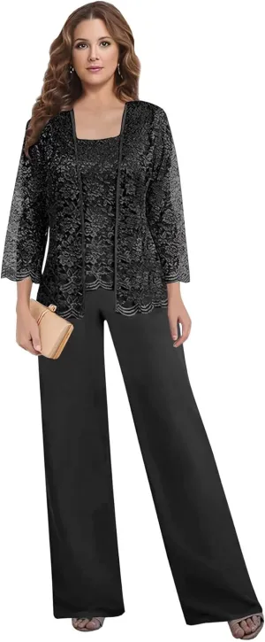3 PCS Mother of The Bride Pant Suits for Women Dressy Wedding 2025 Chiffon Lace Formal Evening Party Outfits