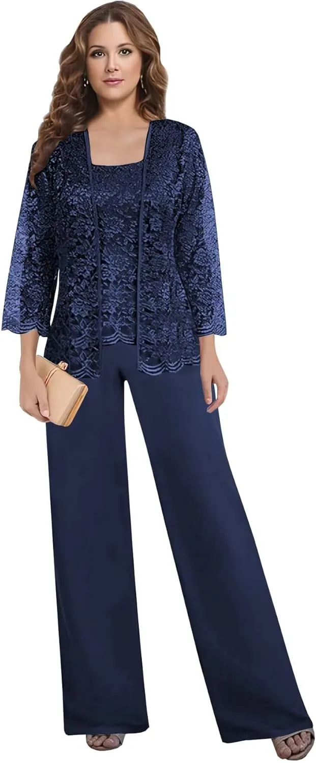 3 PCS Mother of The Bride Pant Suits for Women Dressy Wedding 2025 Chiffon Lace Formal Evening Party Outfits