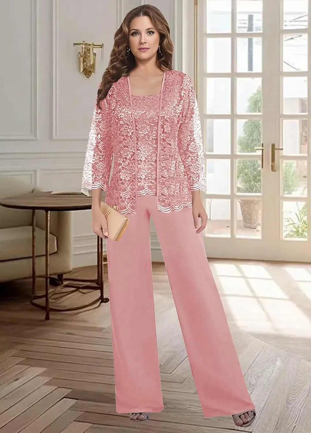 3 PCS Mother of The Bride Pant Suits for Women Dressy Wedding 2025 Chiffon Lace Formal Evening Party Outfits