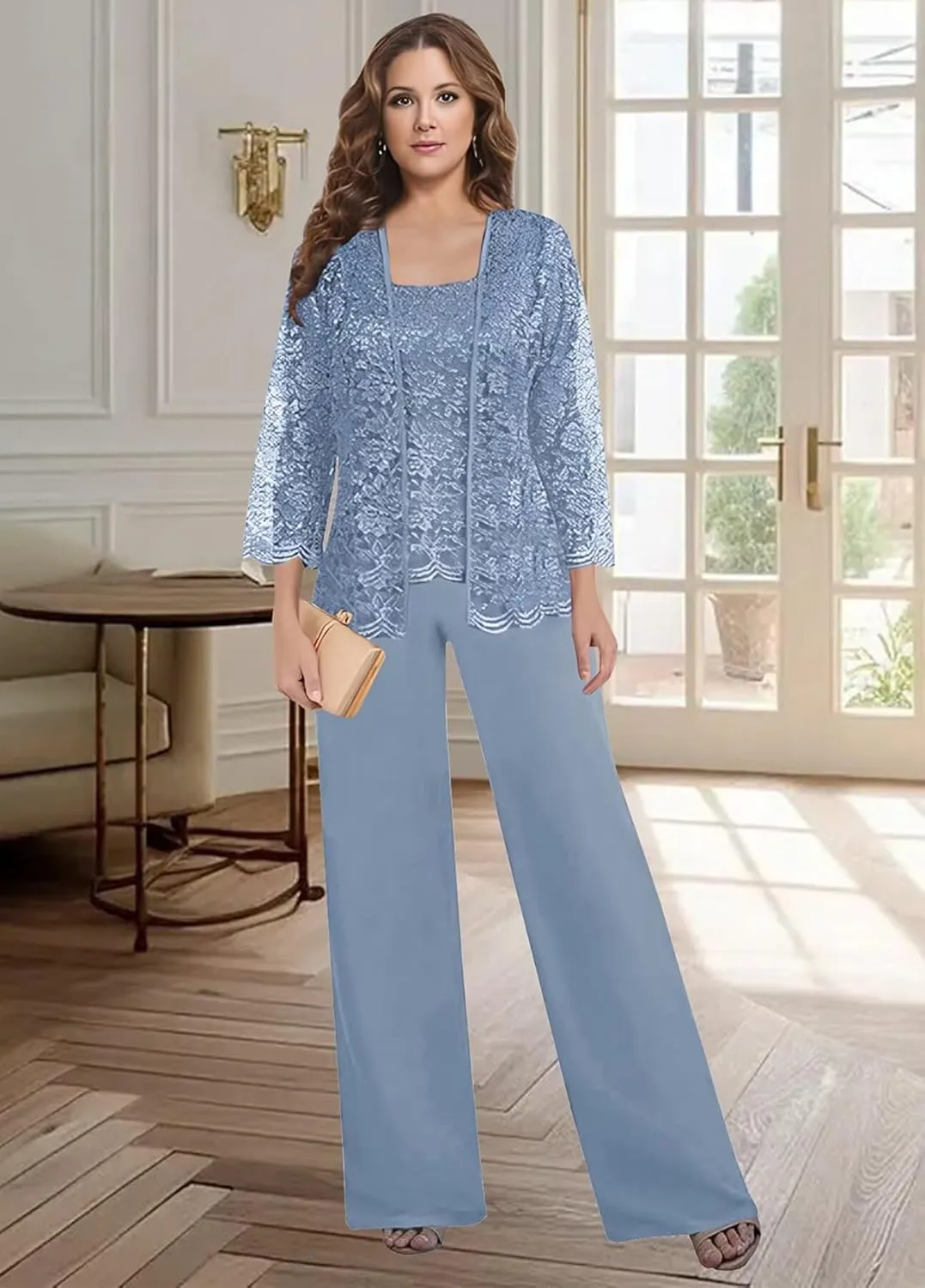 3 PCS Mother of The Bride Pant Suits for Women Dressy Wedding 2025 Chiffon Lace Formal Evening Party Outfits