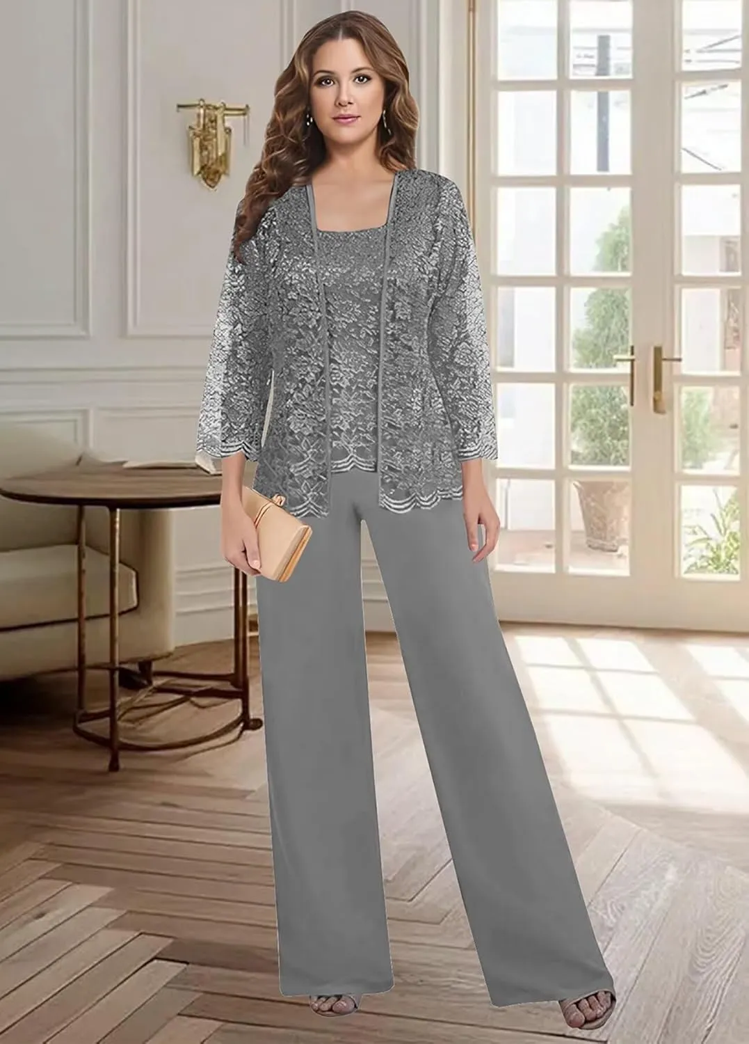 3 PCS Mother of The Bride Pant Suits for Women Dressy Wedding 2025 Chiffon Lace Formal Evening Party Outfits