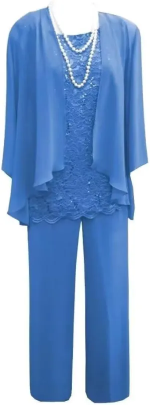 3 Pieces Pant Suits for Women Dressy Lace Chiffon Formal Wedding Guest Dress with Jacket