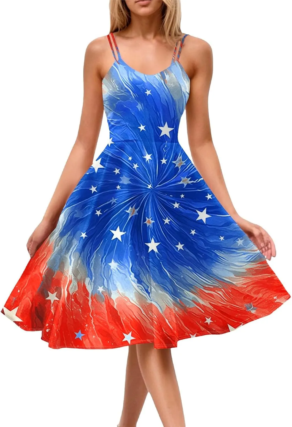 ADHOWBEW 4th of July Dress Women 2025 Sexy Holiday USA American Flag Flowy Sleeveless Graphic Plus Size Dresses