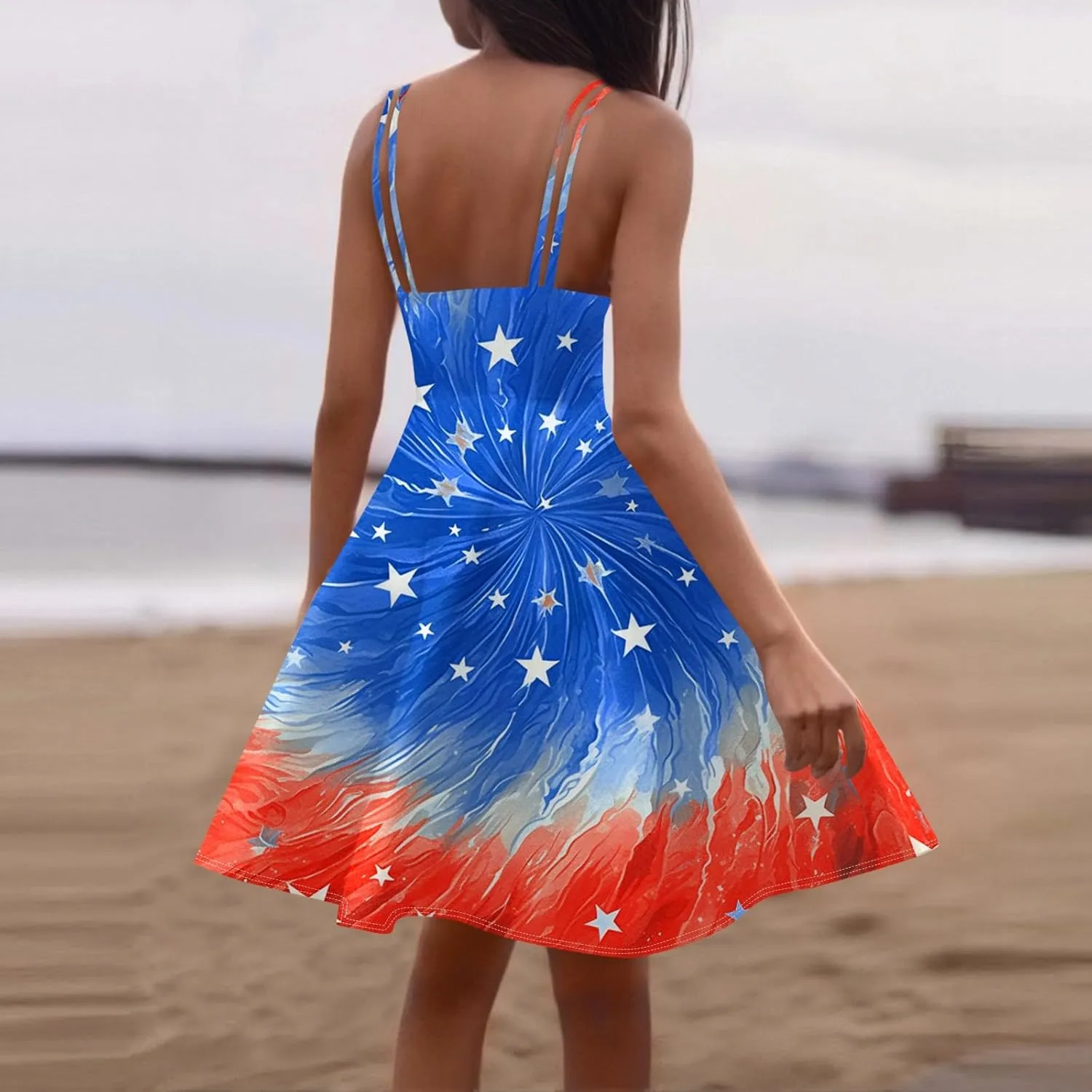 ADHOWBEW 4th of July Dress Women 2025 Sexy Holiday USA American Flag Flowy Sleeveless Graphic Plus Size Dresses