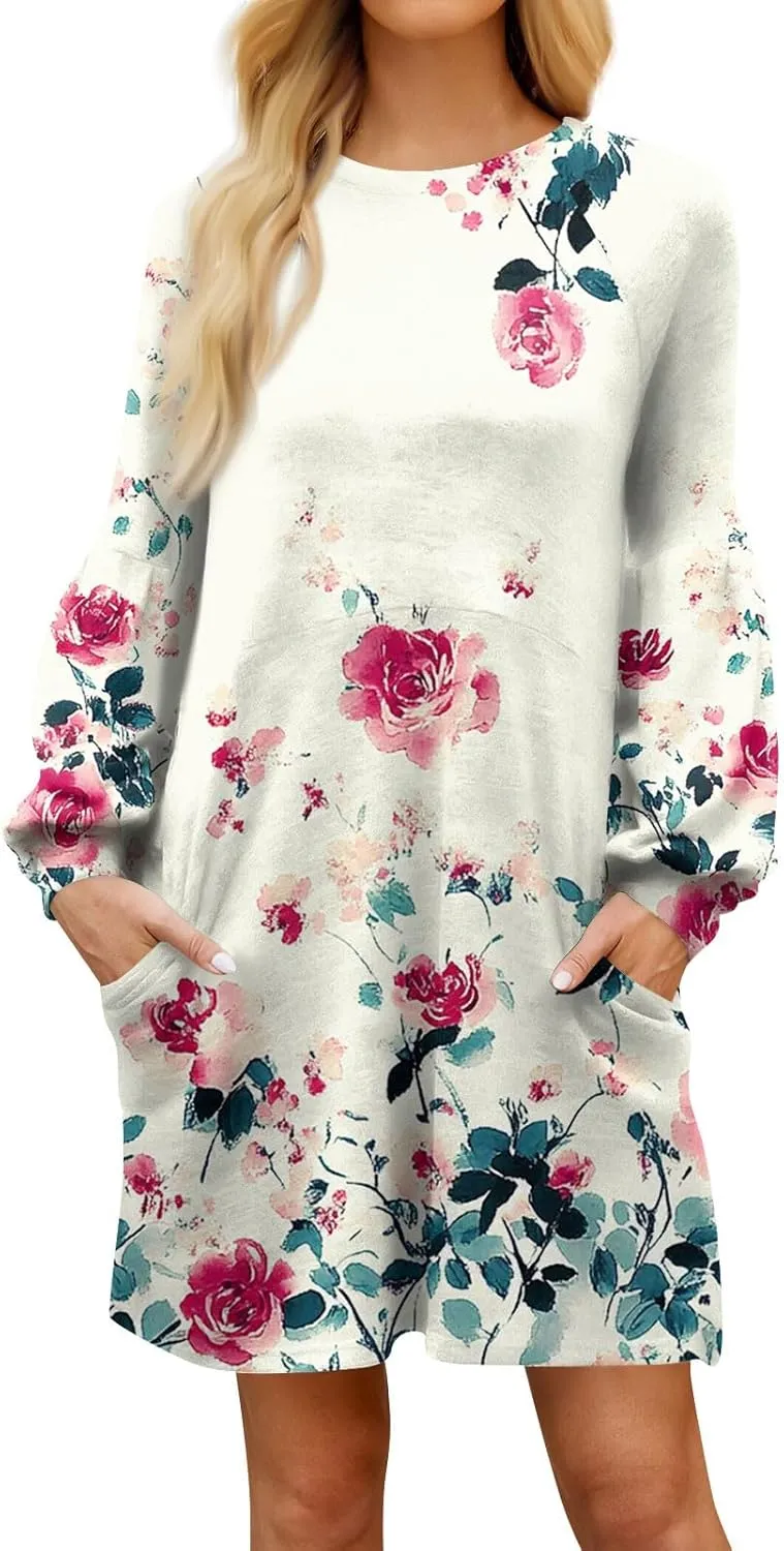 ADHOWBEW Summer Dresses for Women 2025 Long Sleeve Trendy Plus Size Sexy Casual Round Neck Midi Dresses