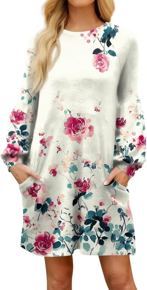 ADHOWBEW Summer Dresses for Women 2025 Long Sleeve Trendy Plus Size Sexy Casual Round Neck Midi Dresses