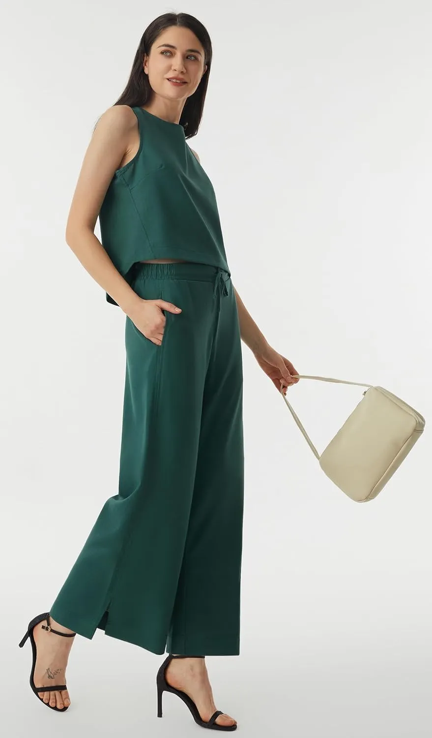 AFITNE Women's Summer 2 Piece Outfits Linen Sleeveless Tank Crop Top Wide Leg Pants Lounge Matching Sets