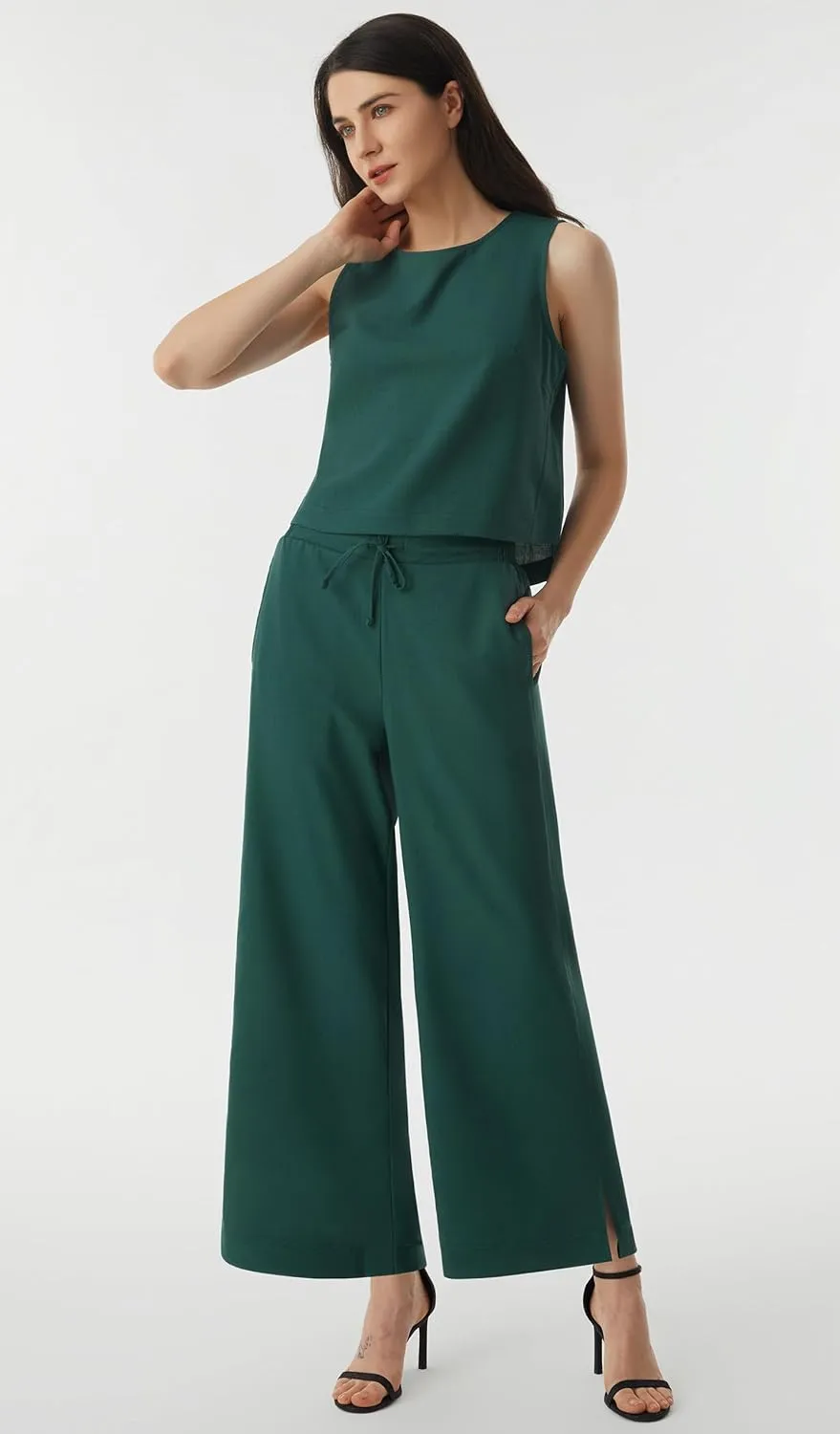 AFITNE Women's Summer 2 Piece Outfits Linen Sleeveless Tank Crop Top Wide Leg Pants Lounge Matching Sets