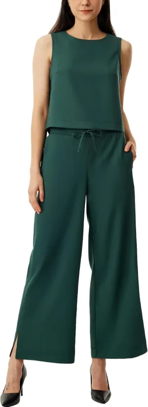 AFITNE Women's Summer 2 Piece Outfits Linen Sleeveless Tank Crop Top Wide Leg Pants Lounge Matching Sets