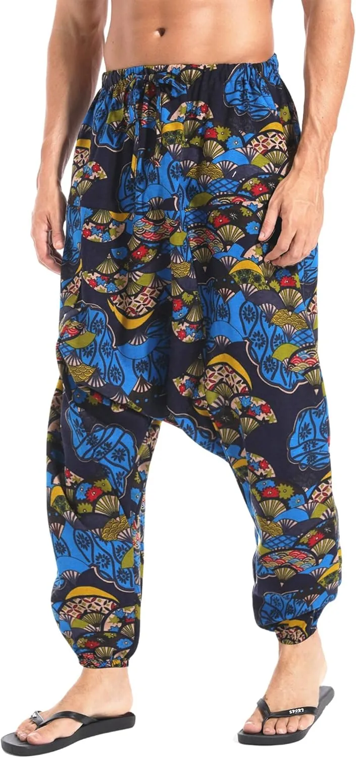 AITFINEISM Men's Drawstring Aladdin Hippie Harem Pants Loose Drop Crotch Trousers