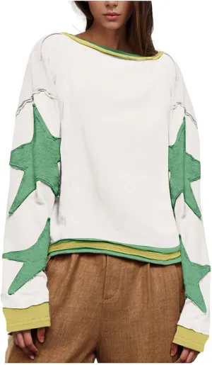Akklian Oversized Star Graphic Sweatshirt for Women Y2k Long Sleeve Drop Shoulder Crewneck Harajuku Pullover Vintage Shirt