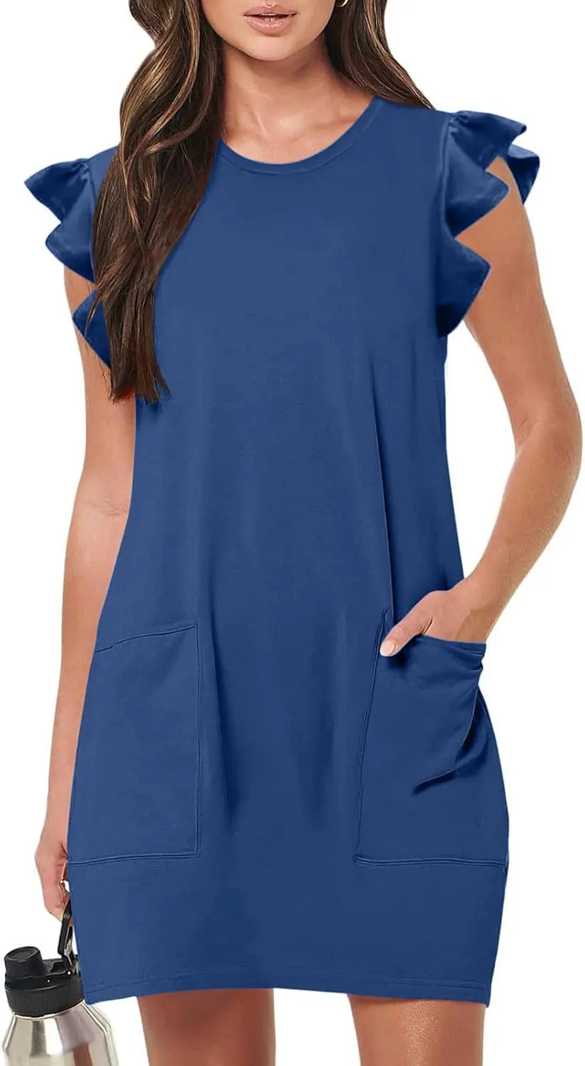 Akklian Women's Summer Dresses 2024 Beach Casual Ruffle Sleeveless Crewneck Tank Loose Mini Dress Sundress with Pocket S-XL