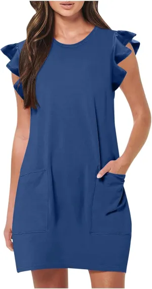 Akklian Women's Summer Dresses 2024 Beach Casual Ruffle Sleeveless Crewneck Tank Loose Mini Dress Sundress with Pocket S-XL