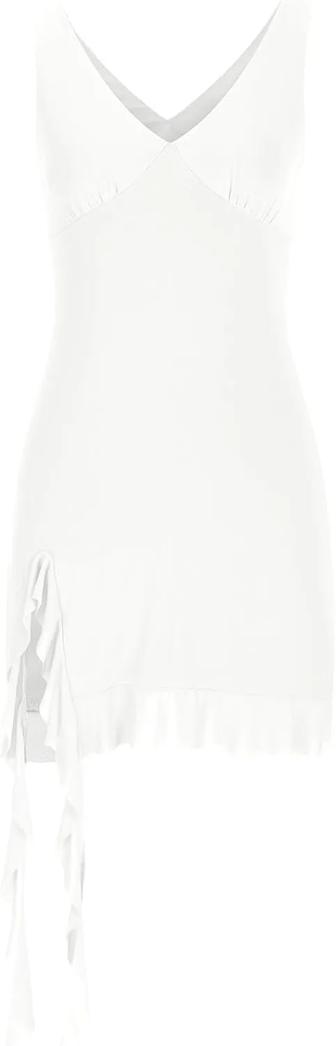 Akklian Womens Summer Dresses Sexy Slit Bodycon Dresses V Neck Backless Y2K Ruffle Trim Fringe Cocktail Party Club Mini Dress