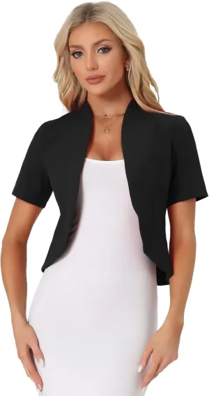 Allegra K Casual Business Cropped Blazer for Women's Short Sleeve Collarless Open Front Cardigan Work Jacket Shrug
