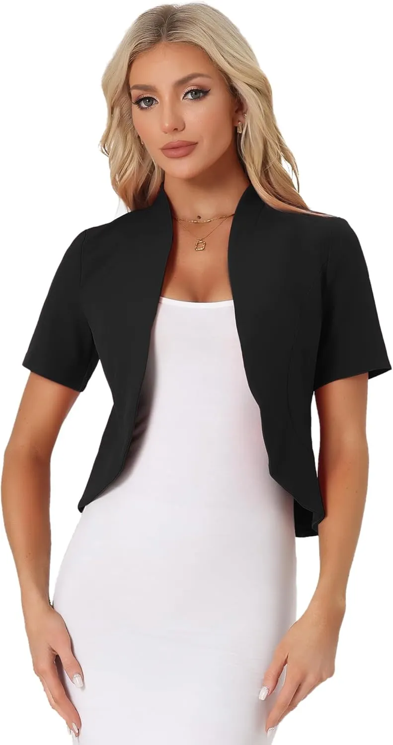 Allegra K Casual Business Cropped Blazer for Women's Short Sleeve Collarless Open Front Cardigan Work Jacket Shrug