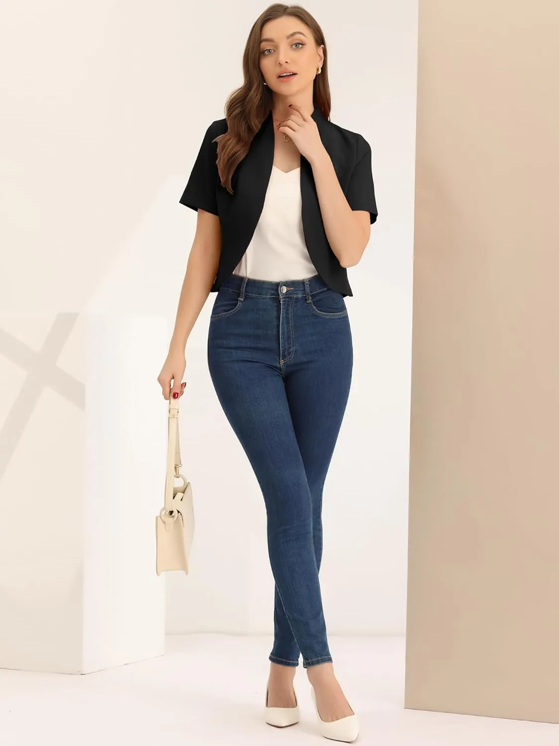 Allegra K Casual Business Cropped Blazer for Women's Short Sleeve Collarless Open Front Cardigan Work Jacket Shrug