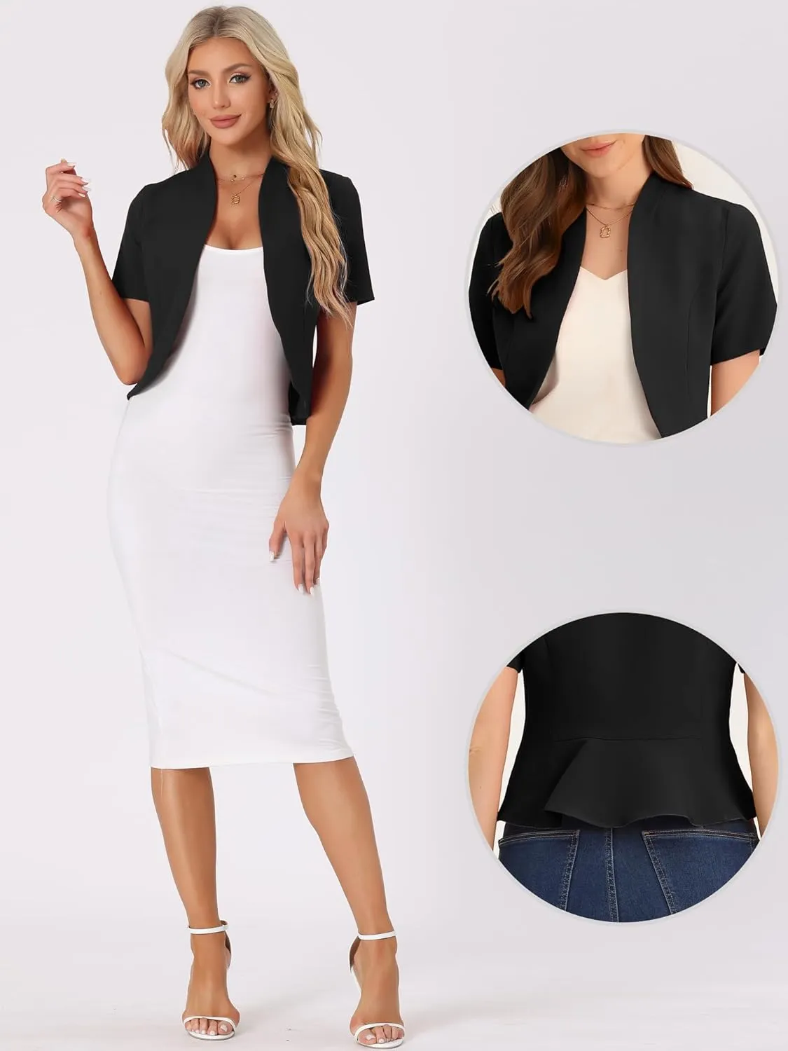 Allegra K Casual Business Cropped Blazer for Women's Short Sleeve Collarless Open Front Cardigan Work Jacket Shrug