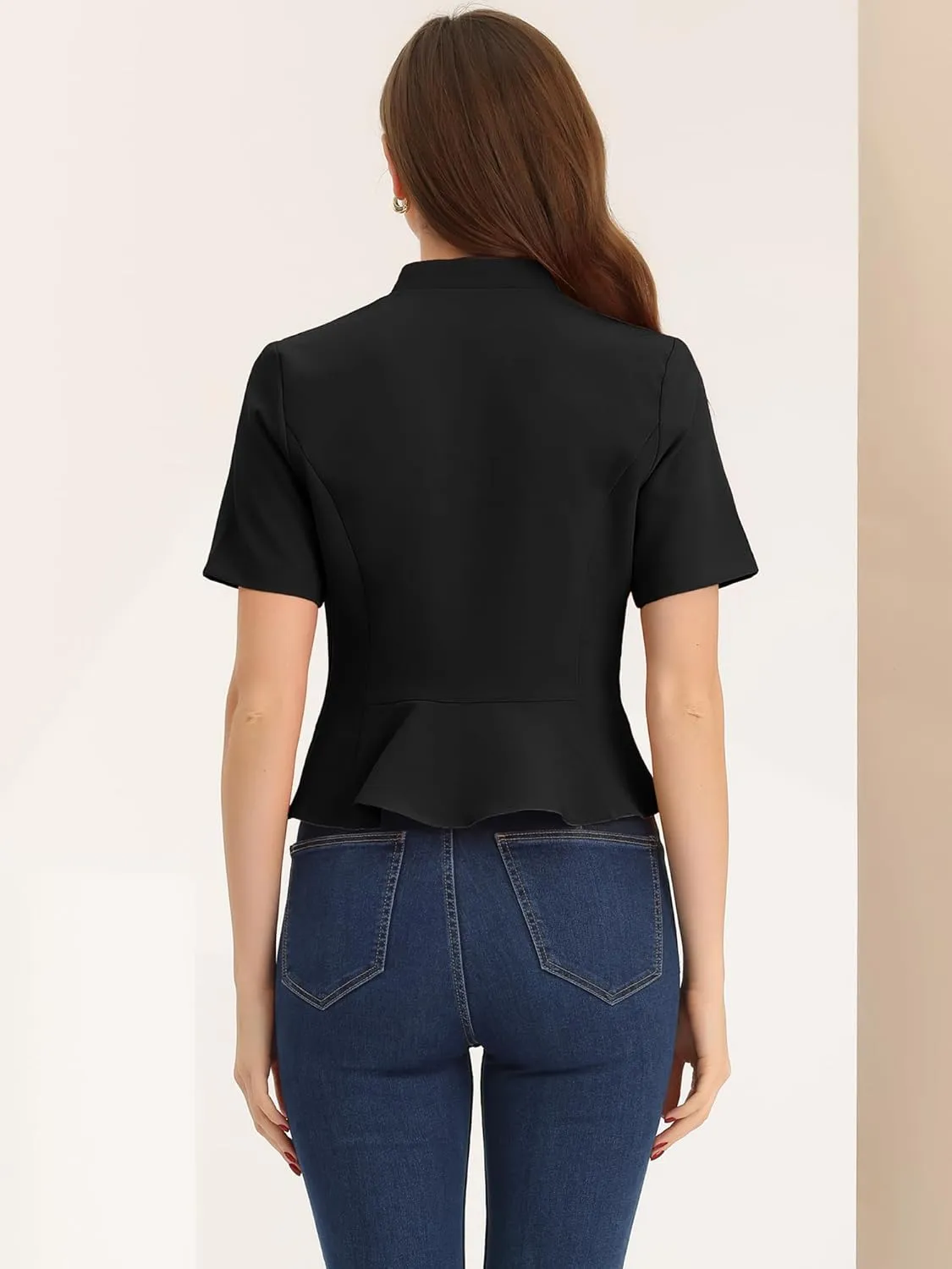 Allegra K Casual Business Cropped Blazer for Women's Short Sleeve Collarless Open Front Cardigan Work Jacket Shrug