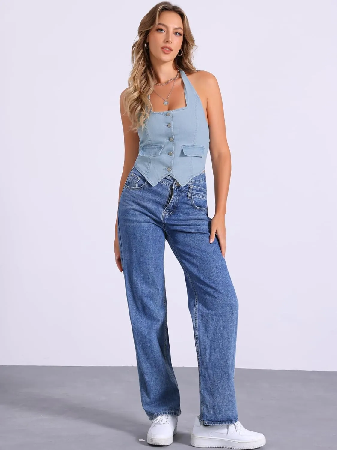 Allegra K Denim Vest for Women's Button Front Halter Neck Denim Corset Top