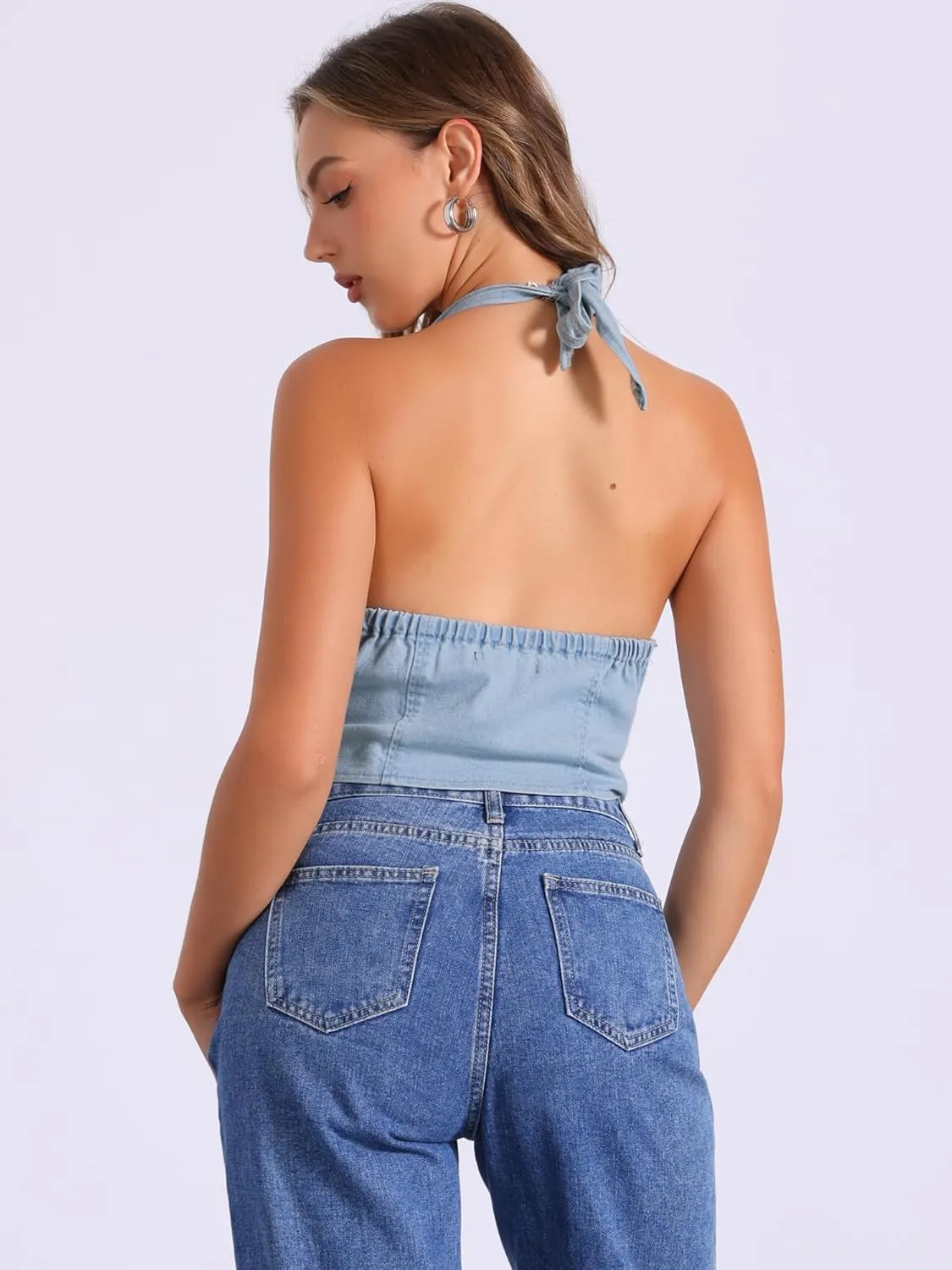 Allegra K Denim Vest for Women's Button Front Halter Neck Denim Corset Top
