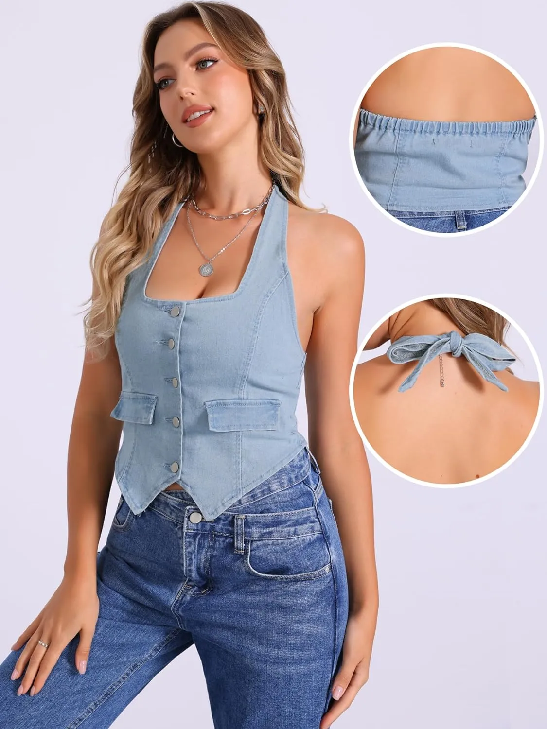Allegra K Denim Vest for Women's Button Front Halter Neck Denim Corset Top