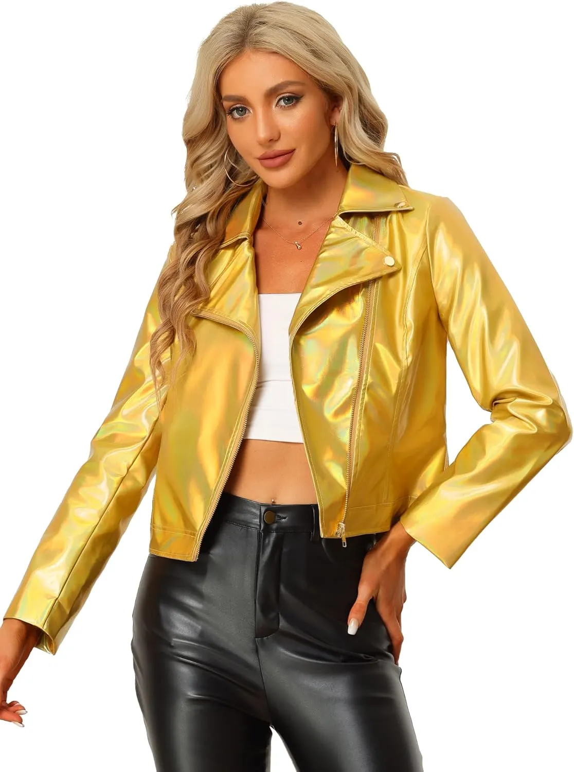 Allegra K Holographic Metallic Jacket for Women's Biker Shiny Jacket