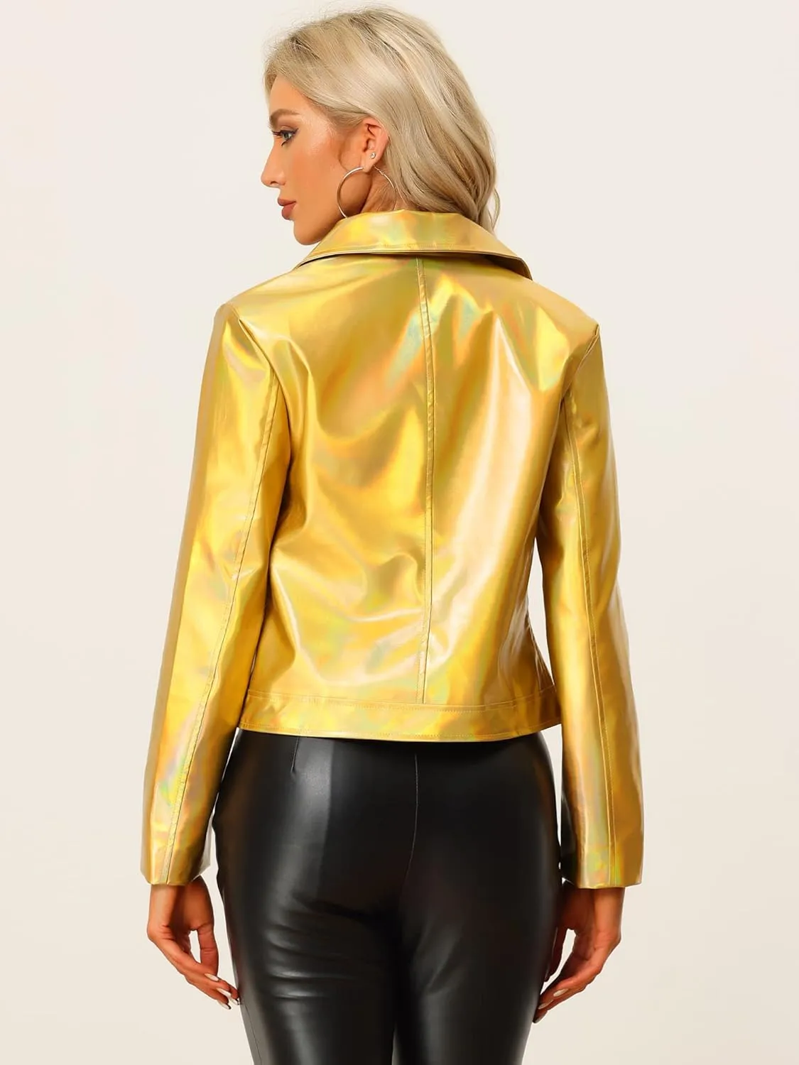 Allegra K Holographic Metallic Jacket for Women's Biker Shiny Jacket