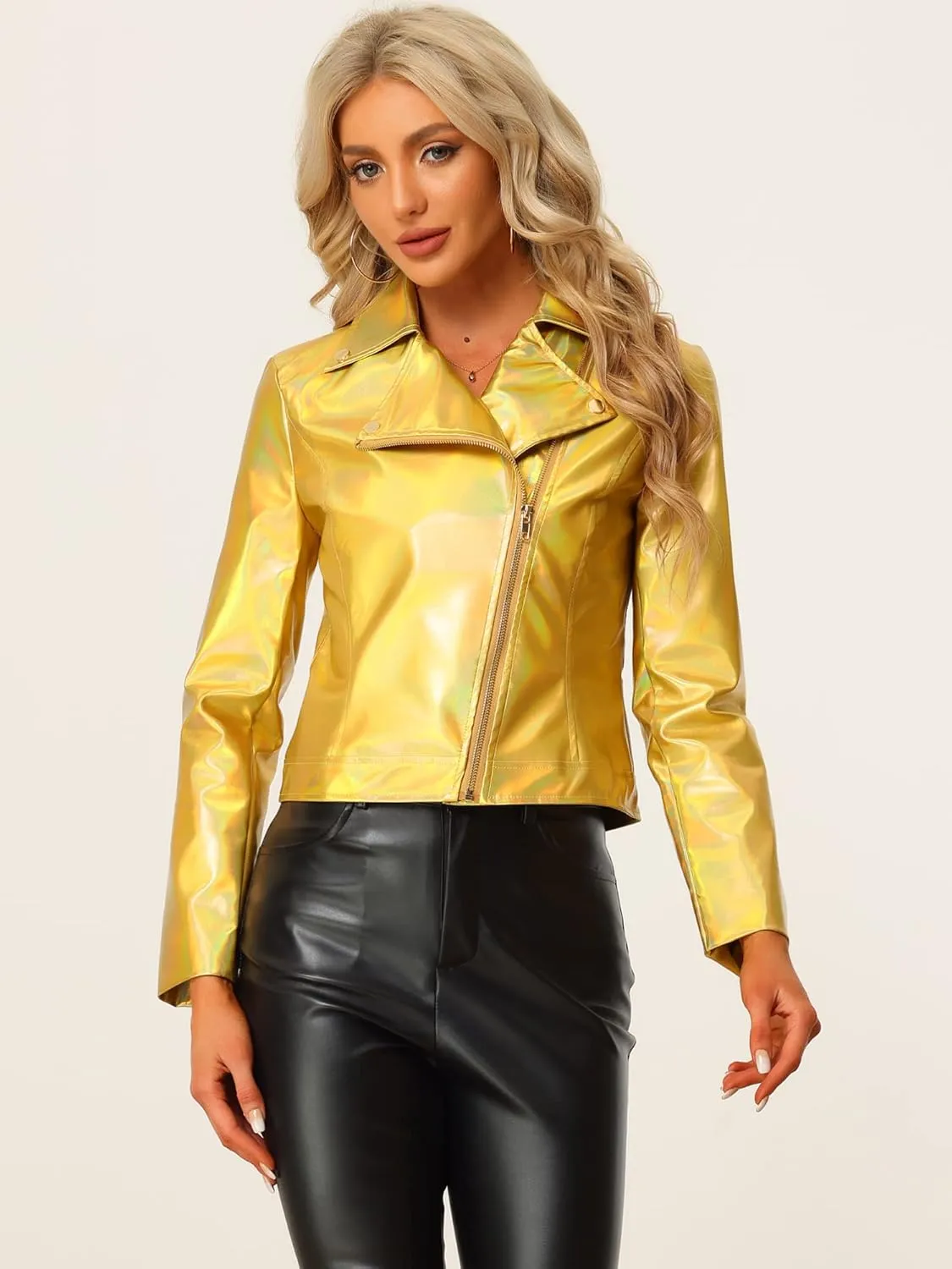 Allegra K Holographic Metallic Jacket for Women's Biker Shiny Jacket