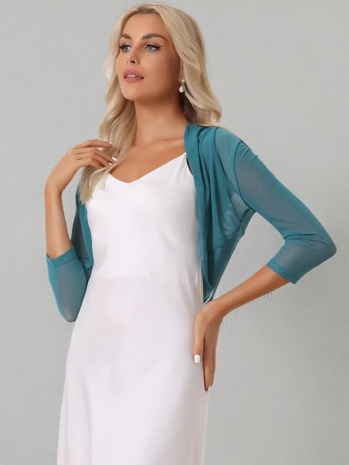 Allegra K Women's 3/4 Sleeve Sheer Mesh Shrug Open Front Cropped Bolero Cardigan