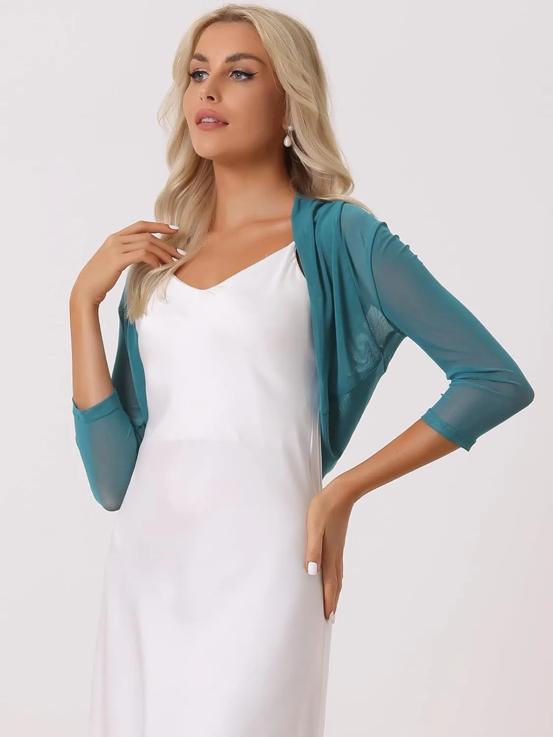 Allegra K Women's 3/4 Sleeve Sheer Mesh Shrug Open Front Cropped Bolero Cardigan