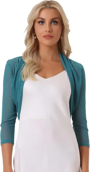 Allegra K Women's 3/4 Sleeve Sheer Mesh Shrug Open Front Cropped Bolero Cardigan