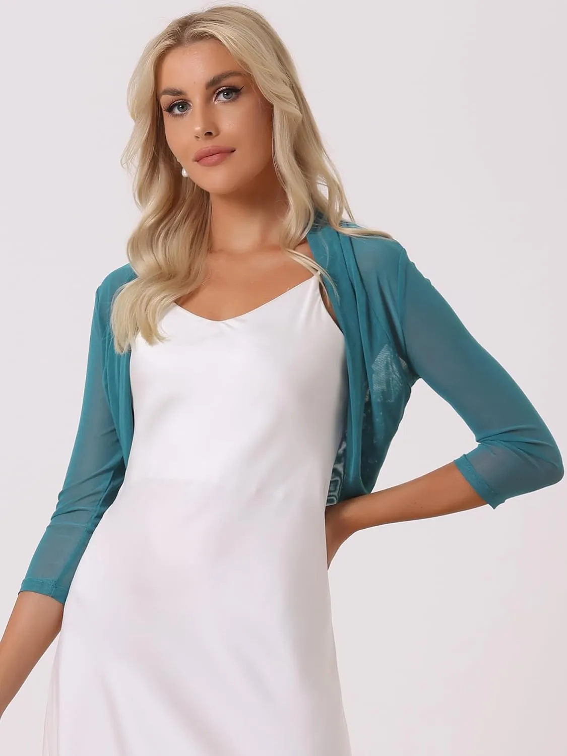 Allegra K Women's 3/4 Sleeve Sheer Mesh Shrug Open Front Cropped Bolero Cardigan