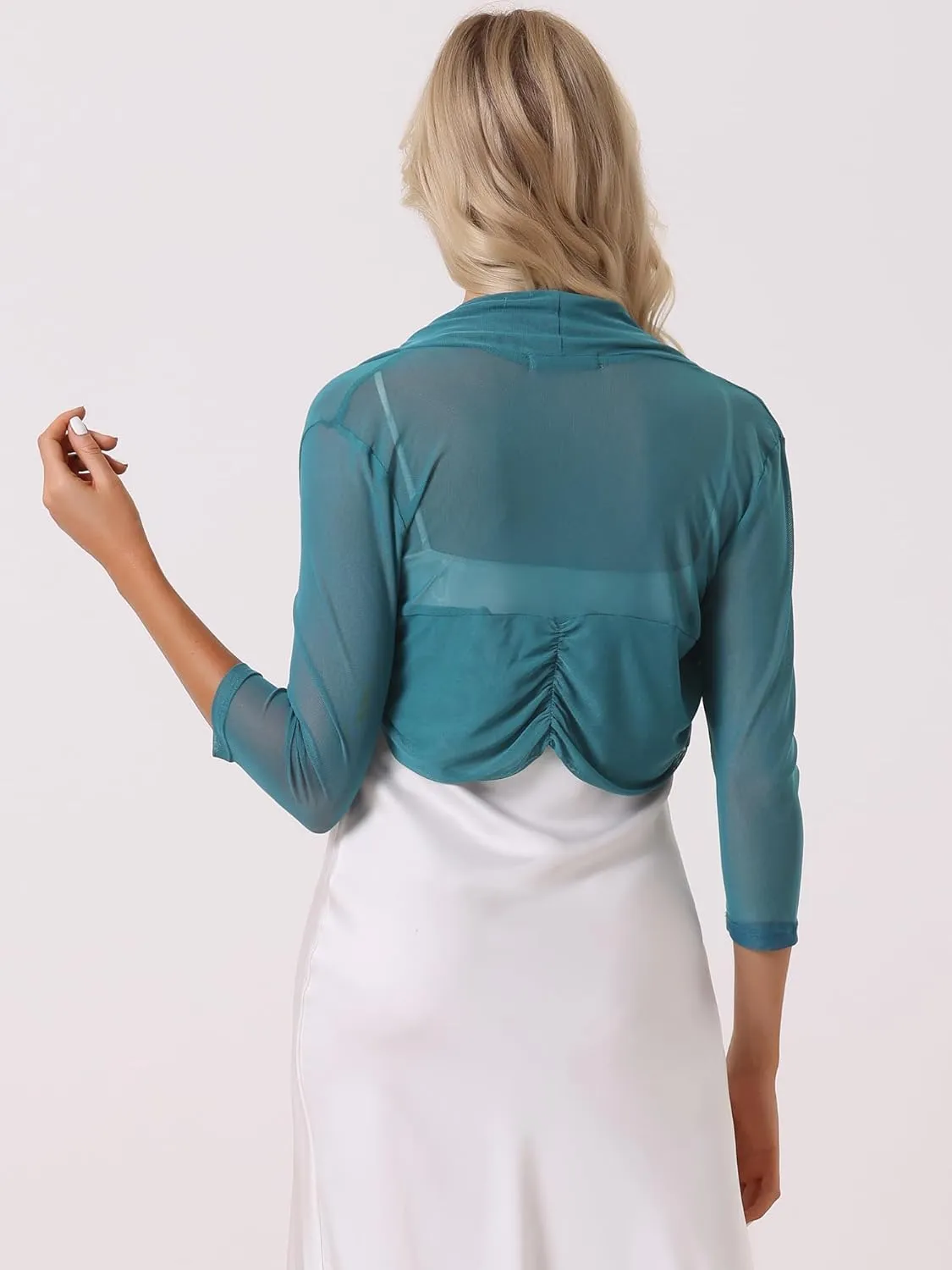 Allegra K Women's 3/4 Sleeve Sheer Mesh Shrug Open Front Cropped Bolero Cardigan