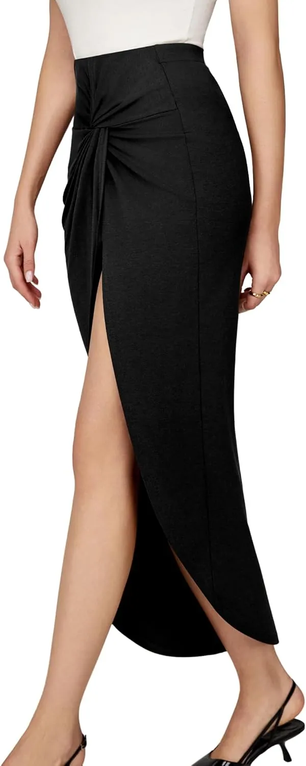 Amoretu Women Summer Midi Skirt with slit Asymmetrical Elastic Ruched Wrap Flowy High Waist Maxi Draped Skirt