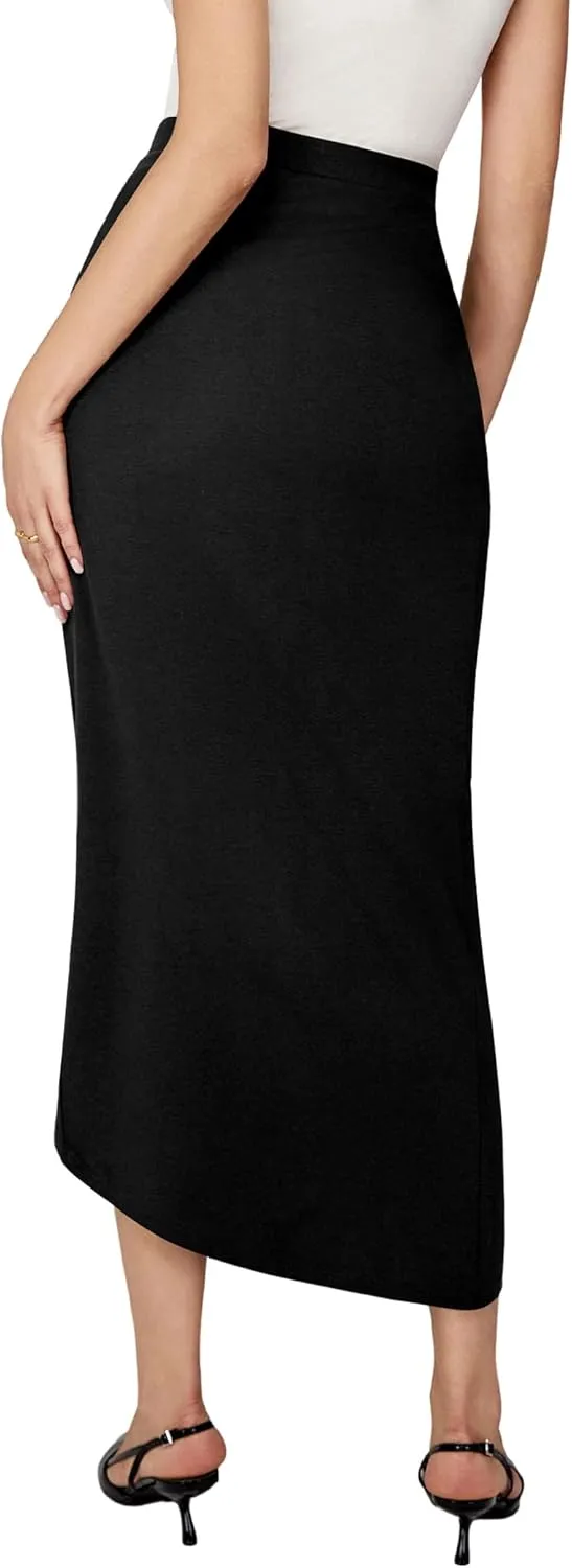 Amoretu Women Summer Midi Skirt with slit Asymmetrical Elastic Ruched Wrap Flowy High Waist Maxi Draped Skirt