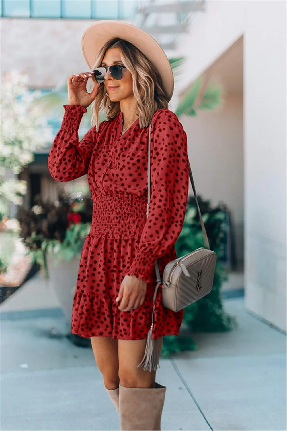 Andongnywell Womens V Neck Polka Dot Dresses Ruffle Swing Mini Dress Elastic Waist Skater Dress Long Sleeve Dresses