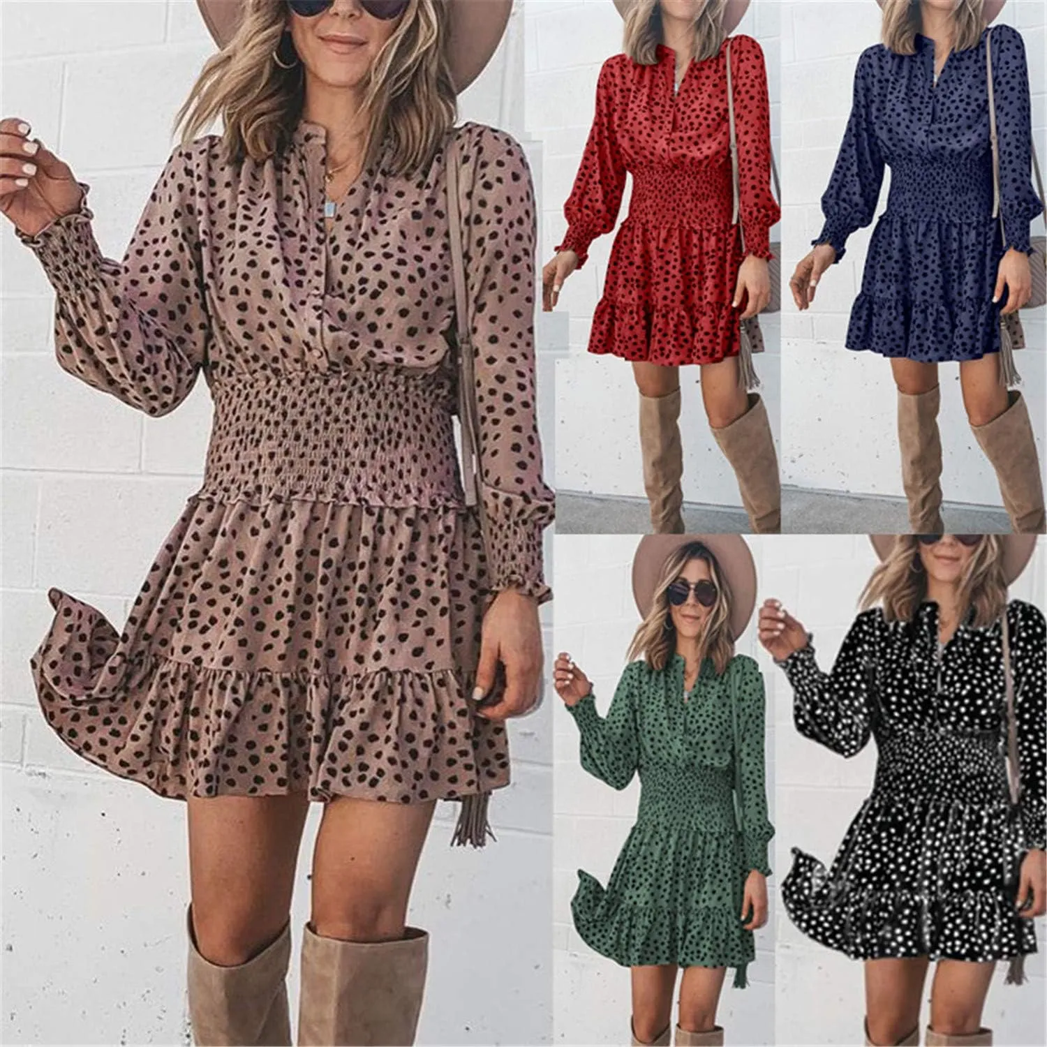 Andongnywell Womens V Neck Polka Dot Dresses Ruffle Swing Mini Dress Elastic Waist Skater Dress Long Sleeve Dresses