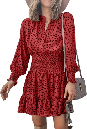 Andongnywell Womens V Neck Polka Dot Dresses Ruffle Swing Mini Dress Elastic Waist Skater Dress Long Sleeve Dresses