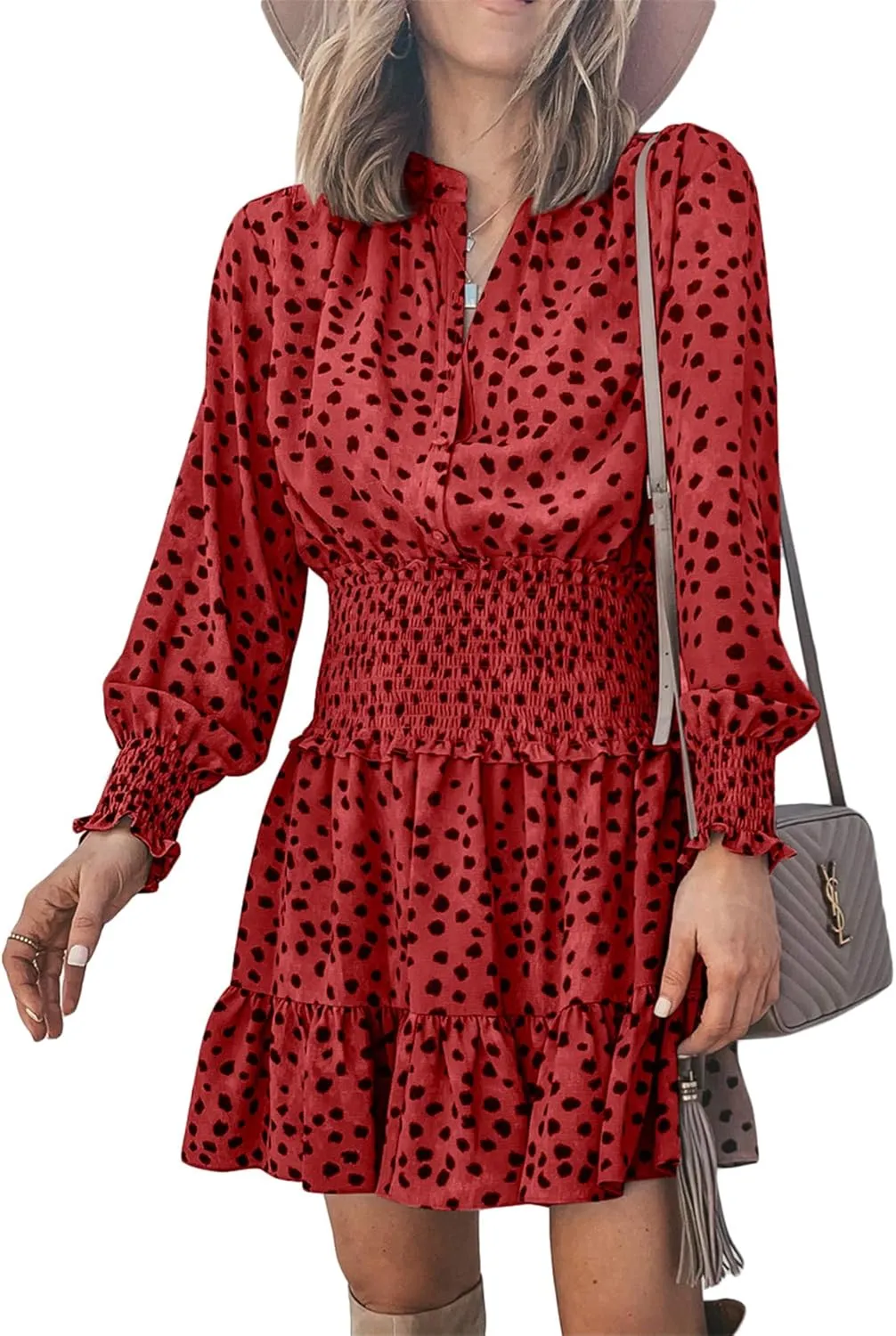 Andongnywell Womens V Neck Polka Dot Dresses Ruffle Swing Mini Dress Elastic Waist Skater Dress Long Sleeve Dresses