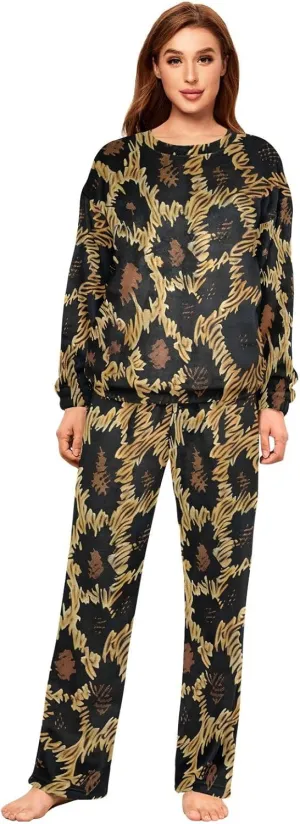Animal Cheeth Print Leopard Women's Pajama Set Long Sleeve Top Drawstring Pockets Pants Warm Cozy Loungewear,S