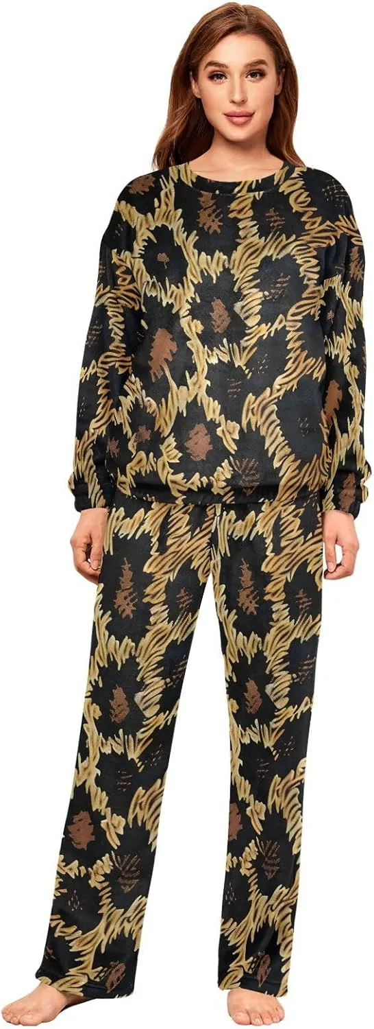 Animal Cheeth Print Leopard Women's Pajama Set Long Sleeve Top Drawstring Pockets Pants Warm Cozy Loungewear,S