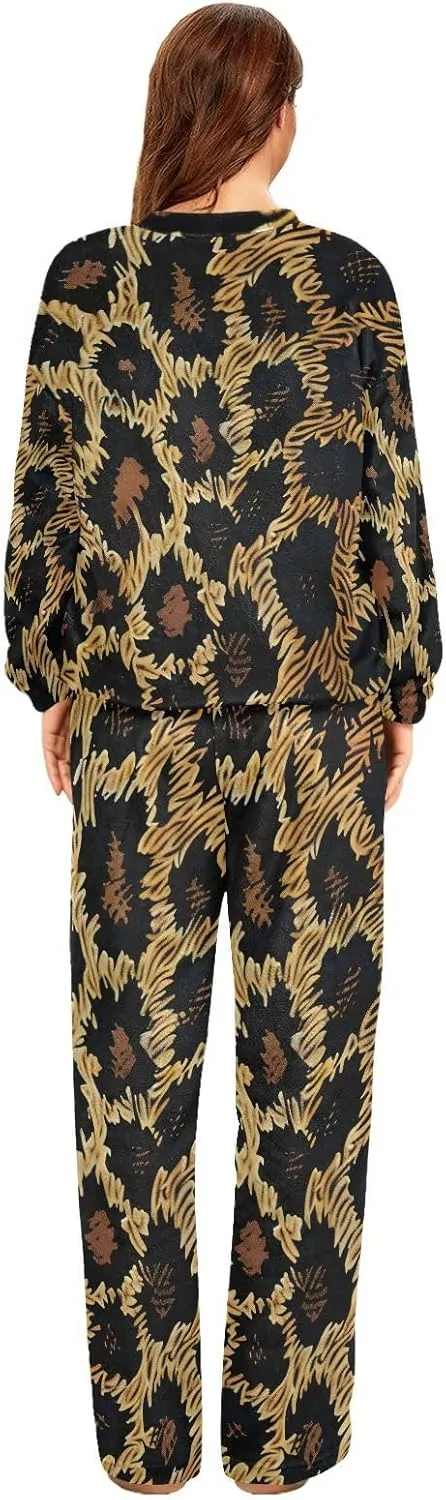 Animal Cheeth Print Leopard Women's Pajama Set Long Sleeve Top Drawstring Pockets Pants Warm Cozy Loungewear,S