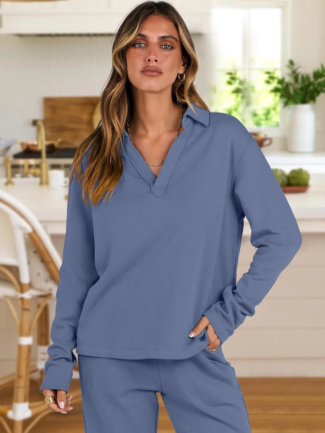 ANRABESS Lounge Sets for Women 2 Piece Outfits Sweatsuit Set Fall V Neck Sweatshirts Wide Leg Pants Tracksuits