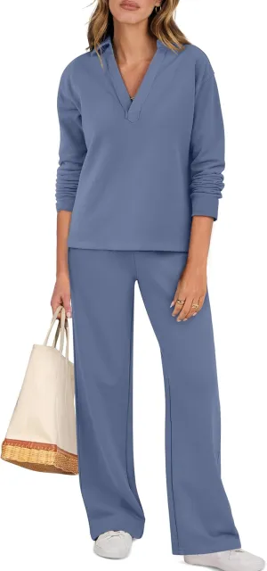ANRABESS Lounge Sets for Women 2 Piece Outfits Sweatsuit Set Fall V Neck Sweatshirts Wide Leg Pants Tracksuits